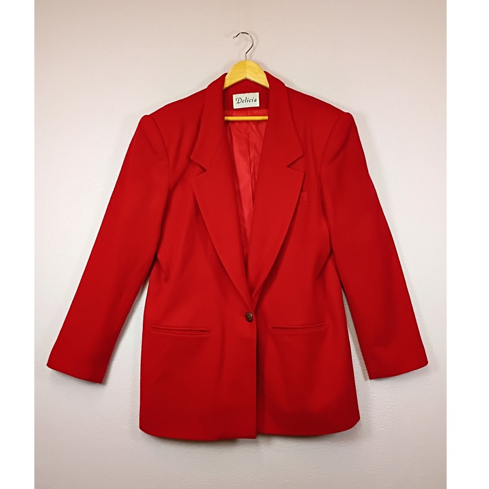 Vintage‎ 80s Delicia Womens 14 Red Pure Wool Single Button Career Power Blazer